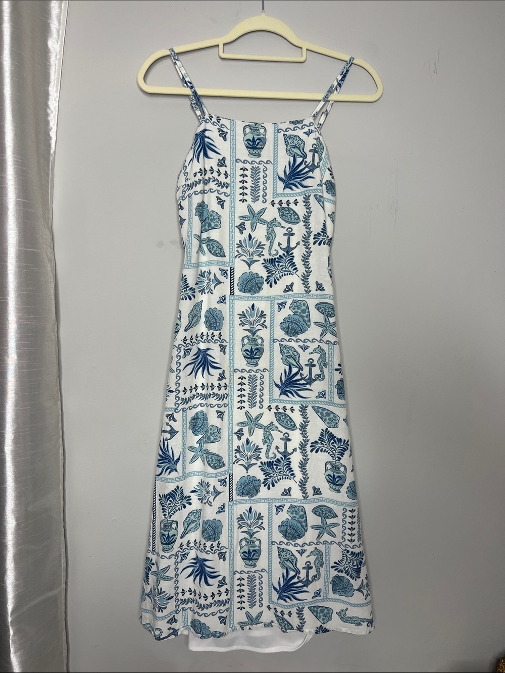 Japna Blue Coastal Cotton Linen Dress Adjustable Straps Back Smocking